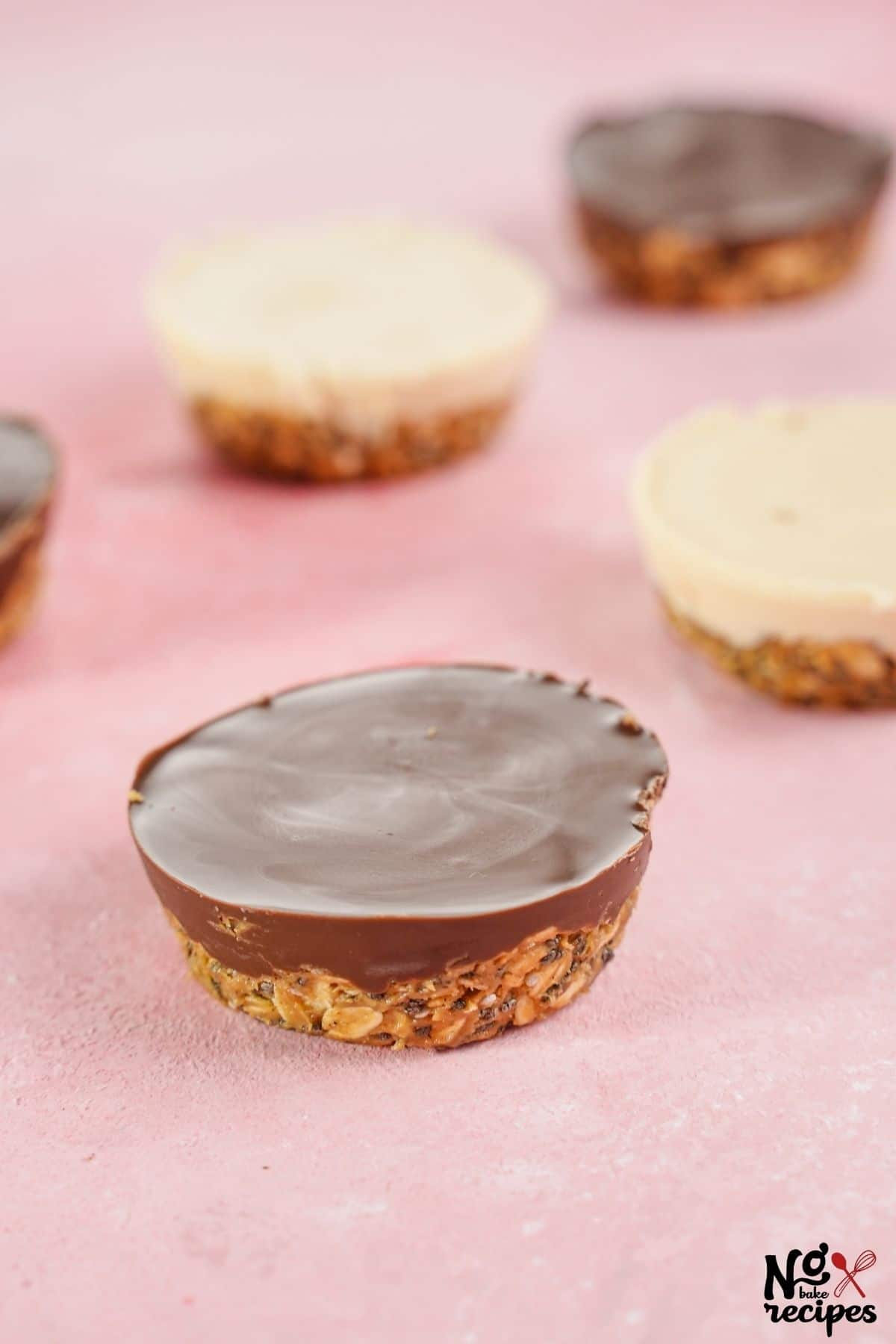 peanut butter oatmeal cups on pink tablecloth