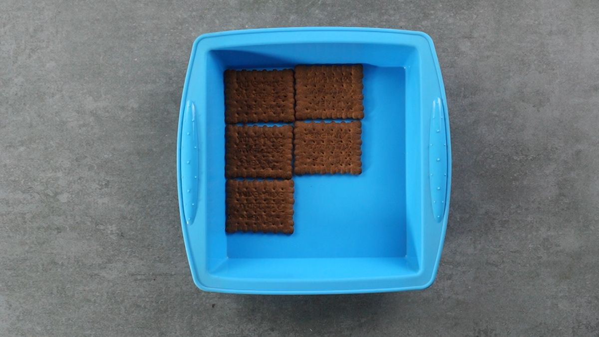 chocolate cookies in blue square dish