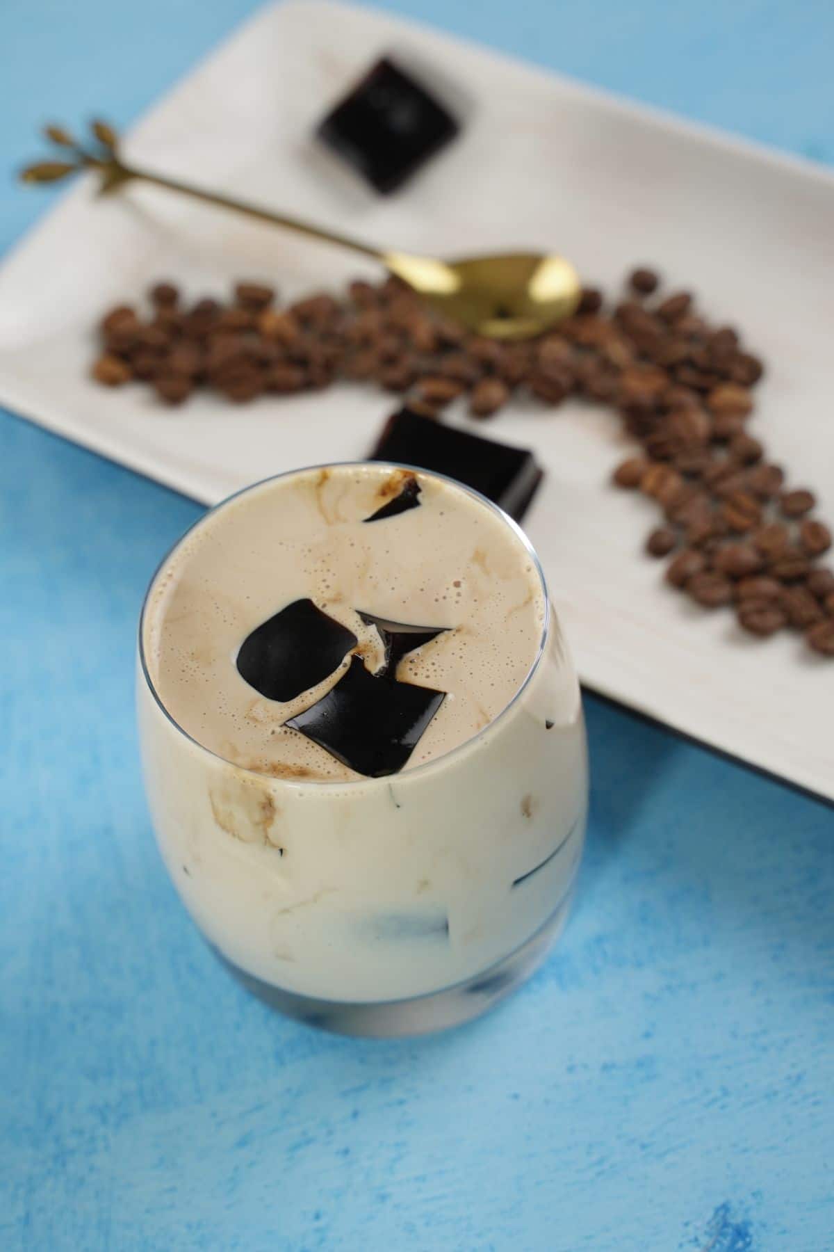 Easy Coffee Jelly Drink served with coffee beans