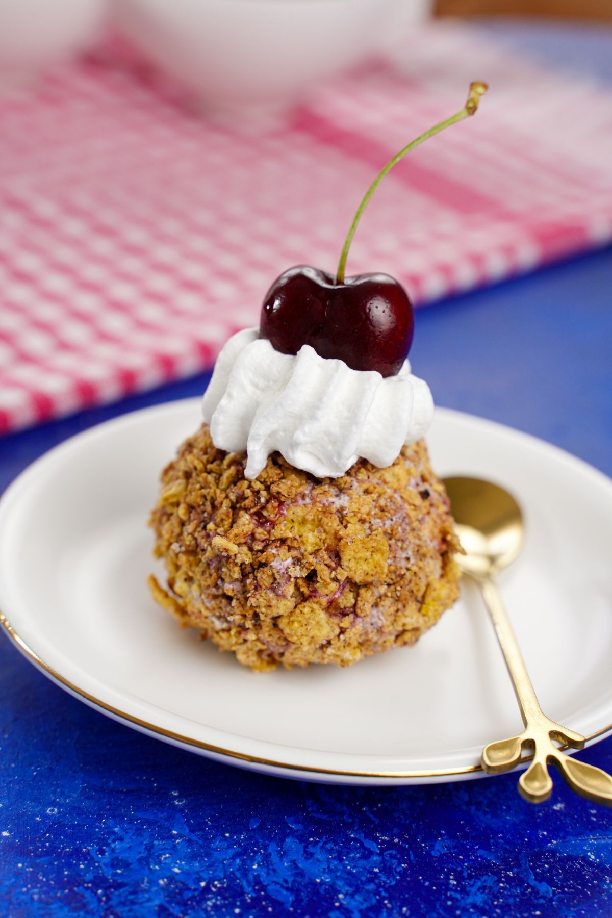 fried ice cream on white plate on blue table