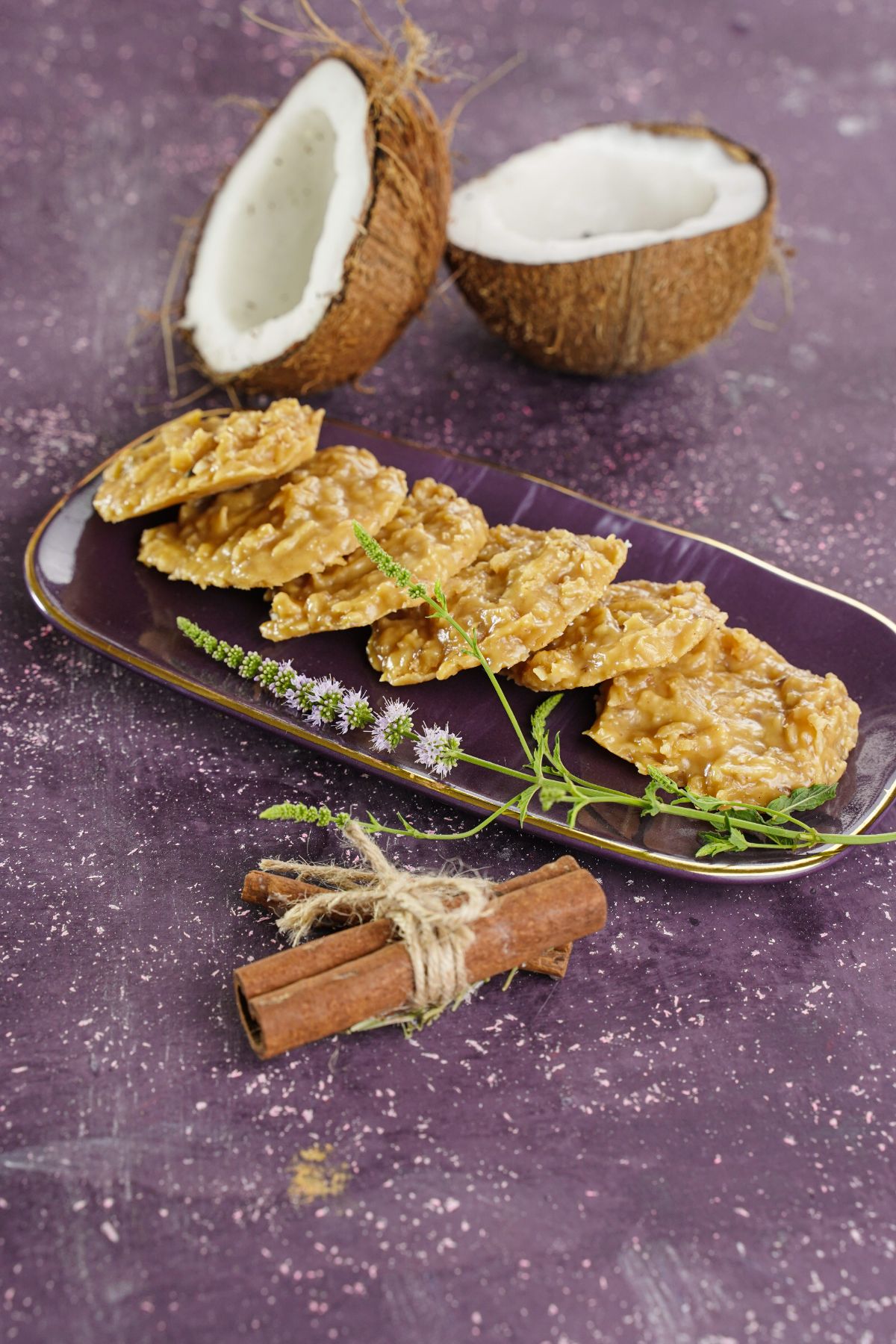 No-Bake Peanut Butter Coconut Cookies served on a fancy plater with coconut