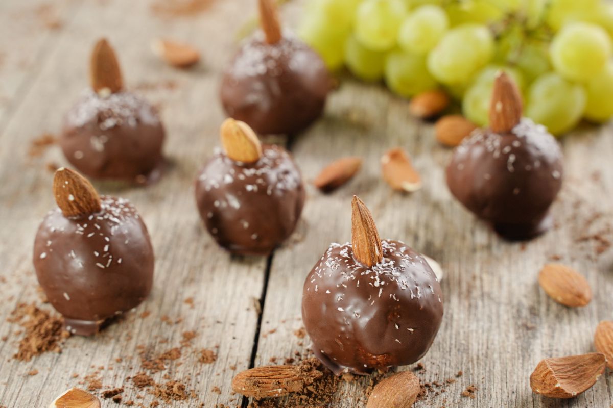Chocolate Coconut Almond Balls served with fresh grapes