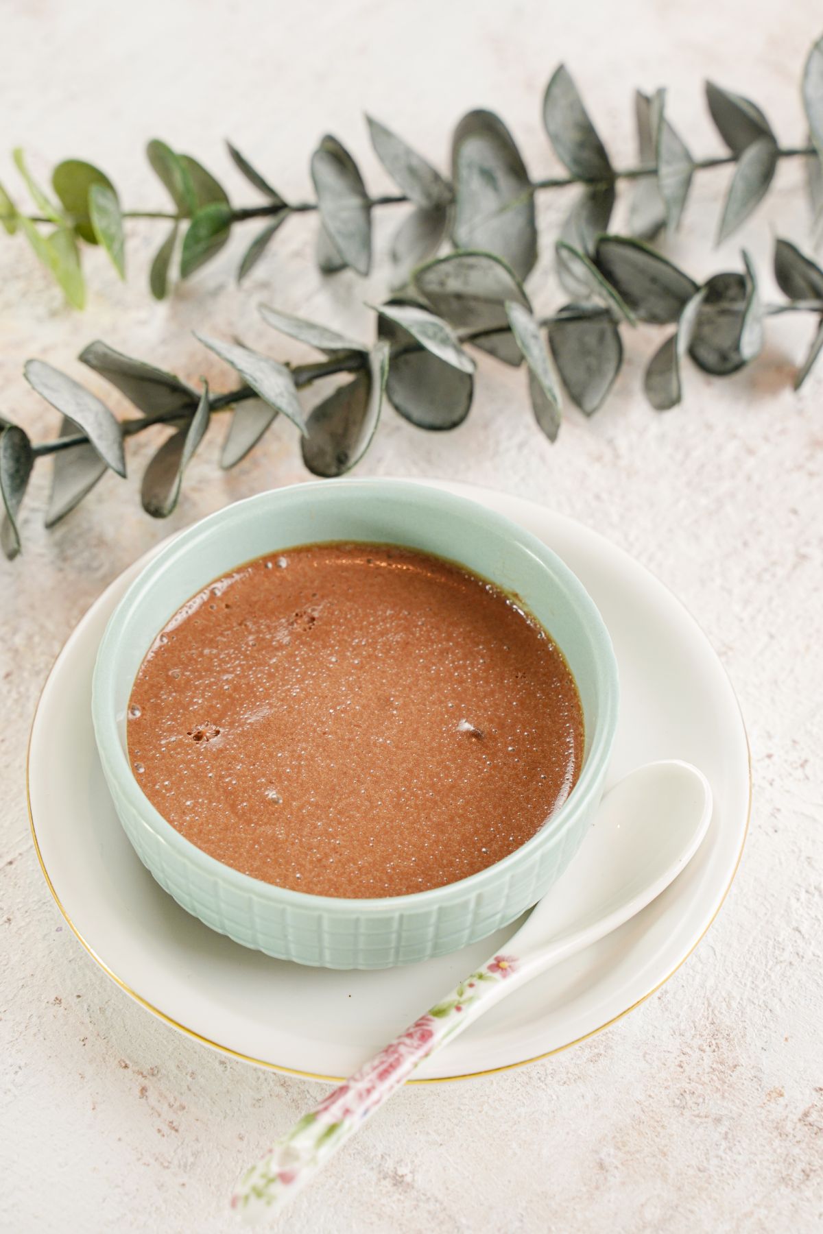 Chocolate Pots de Creme in a bowl with plate and spoon
