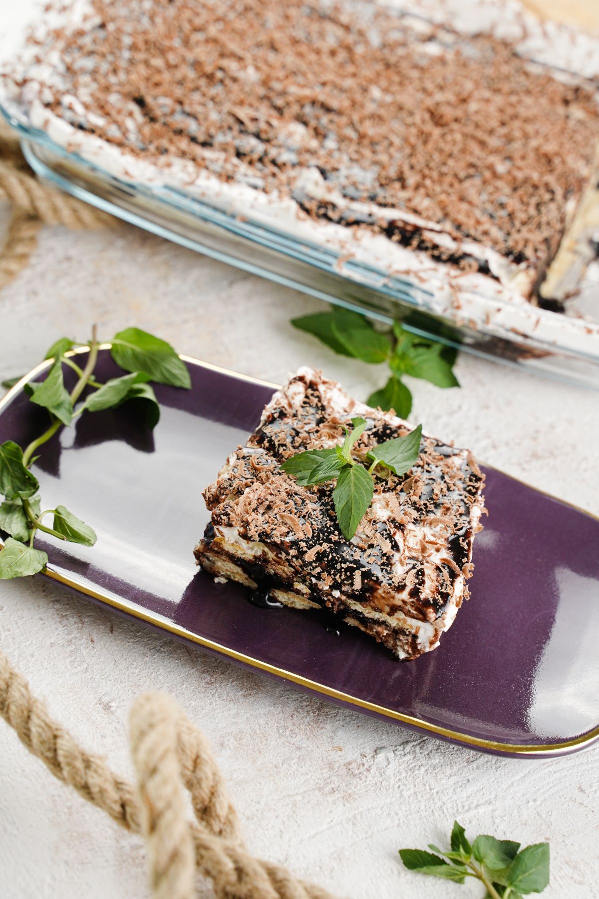 Cookie Dough Lasagna served with mint leaves