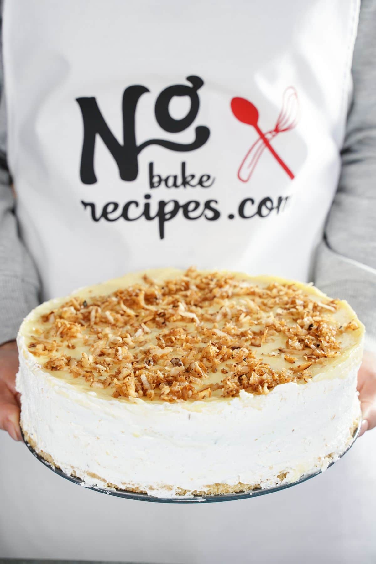 No-Bake Coconut Layered Dessert served on a bake in hand