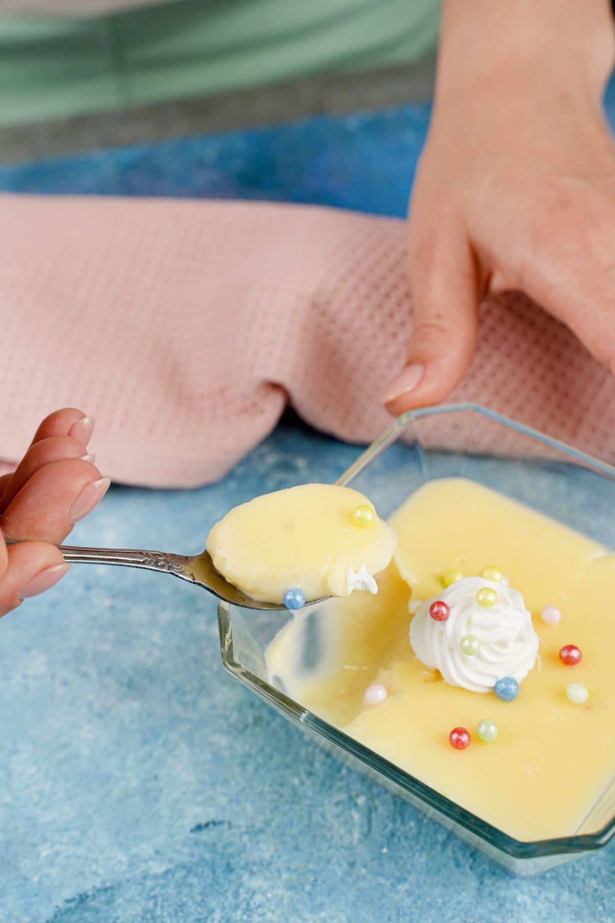 A bite of No-Bake Homemade Vanilla Pudding