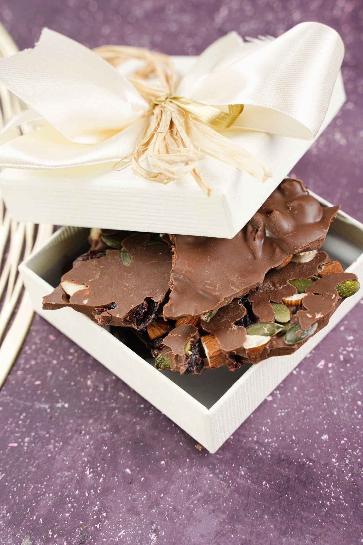 Nut and Seed Chocolate Bark served in a gifting box