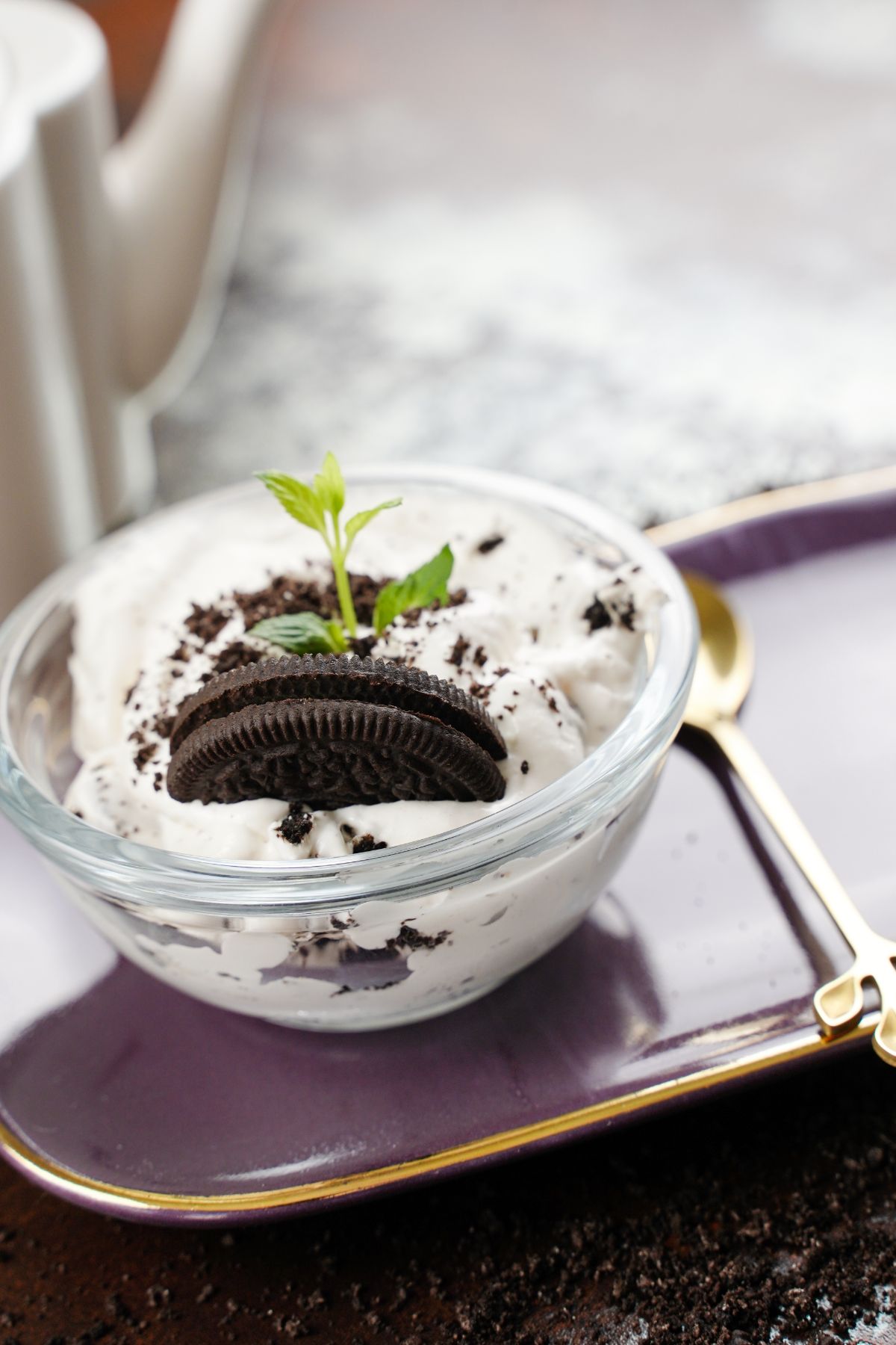 4 Ingredient Oreo Fluff served in a round bowl and oreo on top