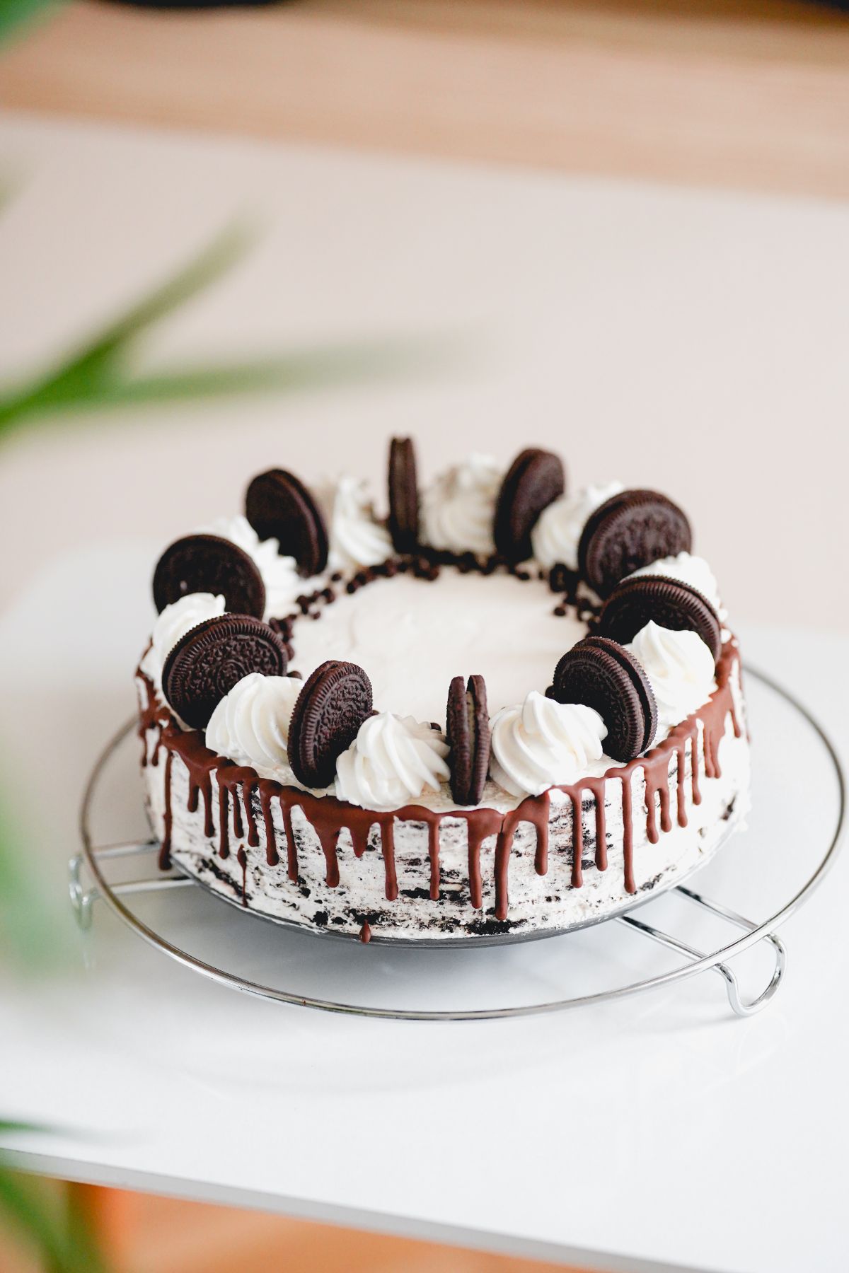 Front image of Oreo Icebox Cake nicely decorated with oreos and place on a fancy plater