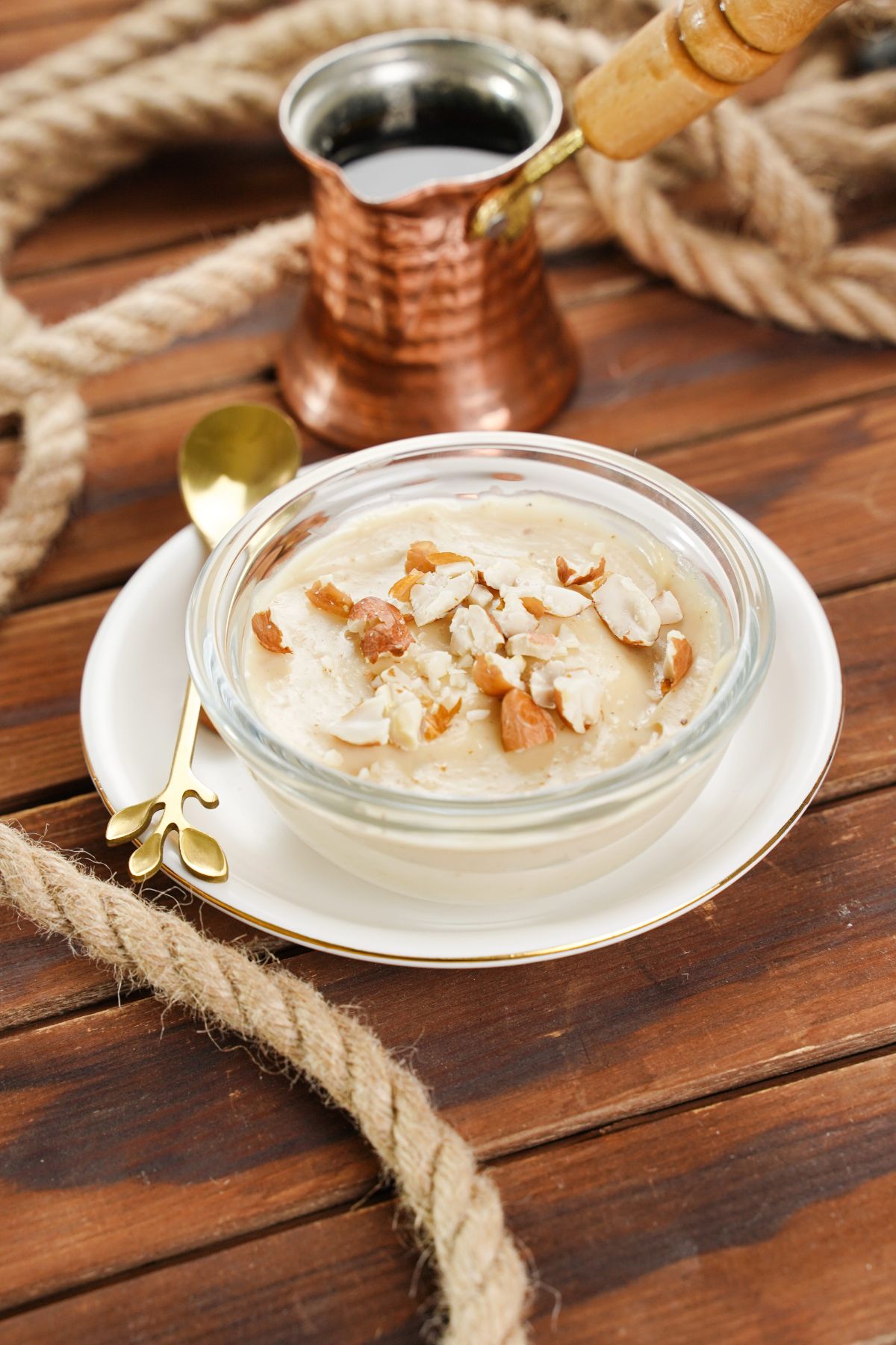 Peanut Butter Pudding in a bowl with ropes in the background
