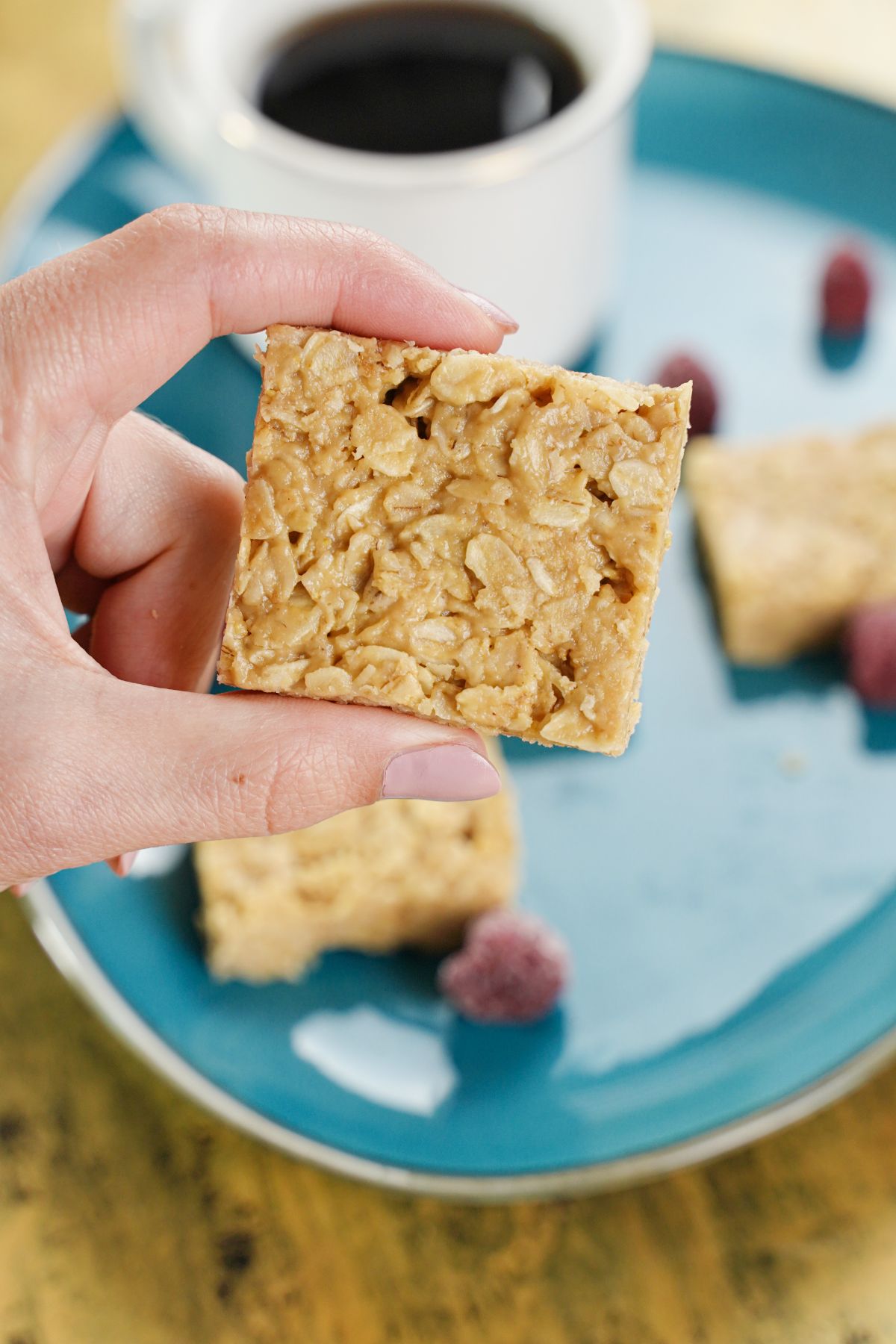 a piece of Peanut Butter Oat Bars