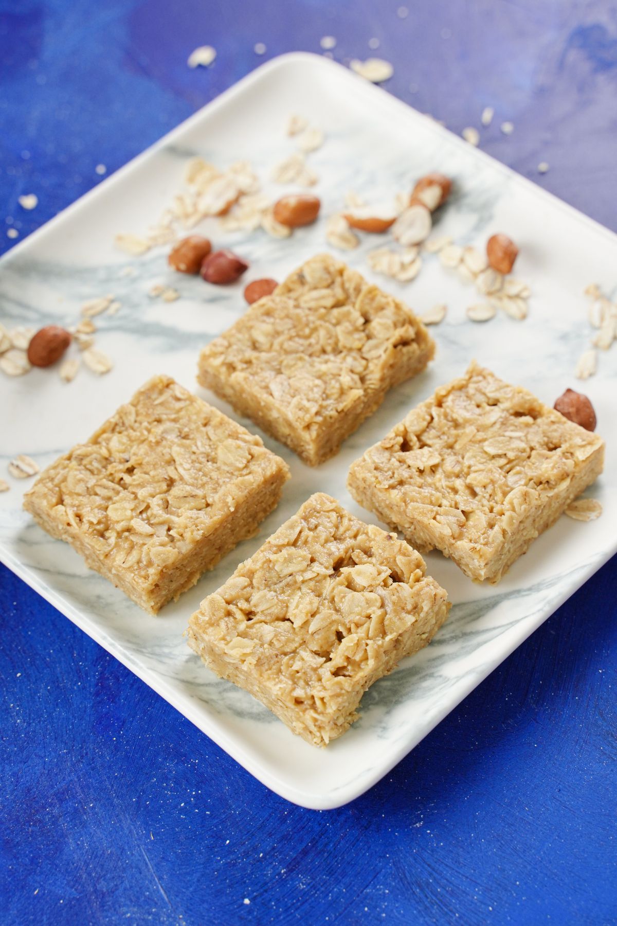 Peanut Butter Oat Bars served in a blue plate