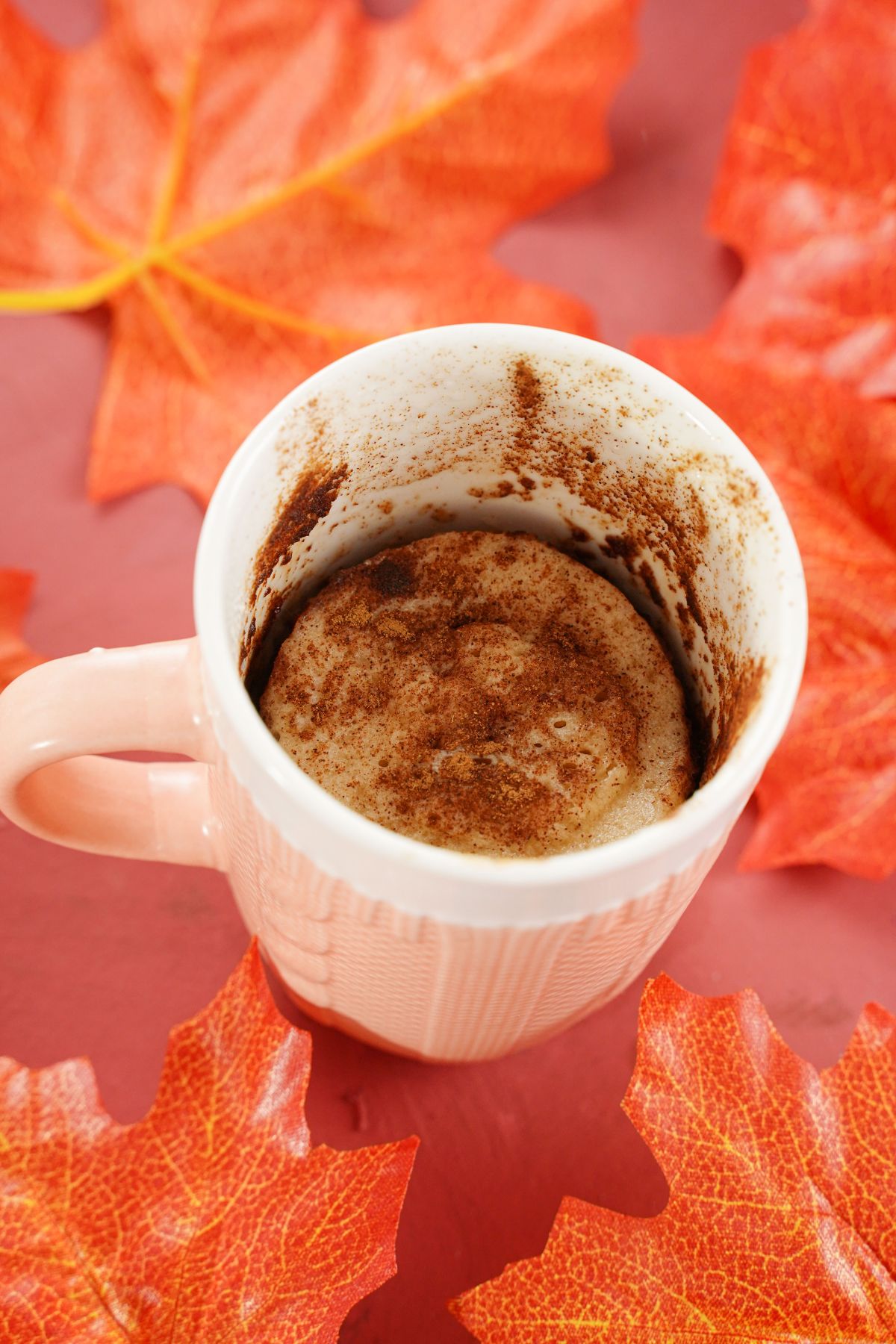 Microwave Snickerdoodle Mug Cake decorated with dried leaves