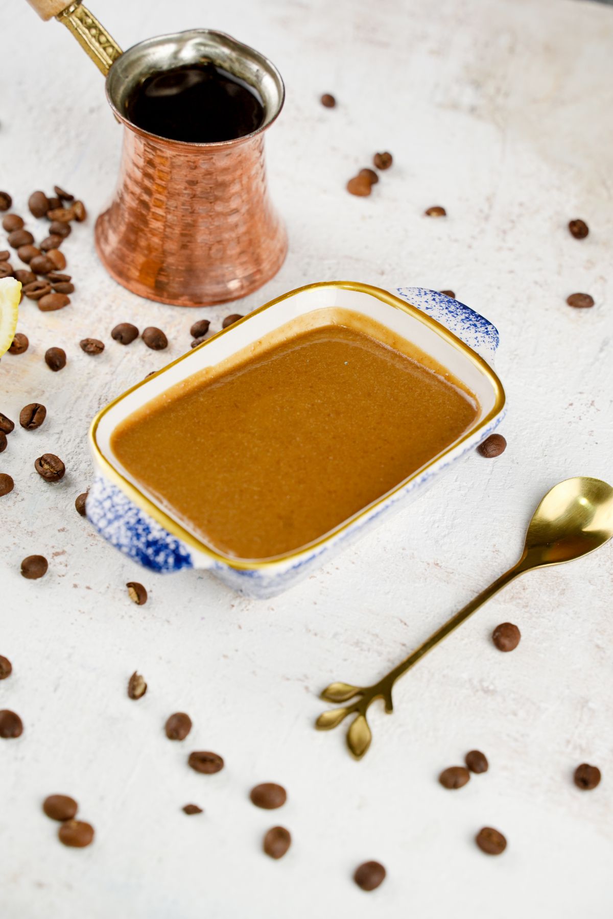 No Bake Espresso Creme Brulee with golden spoon