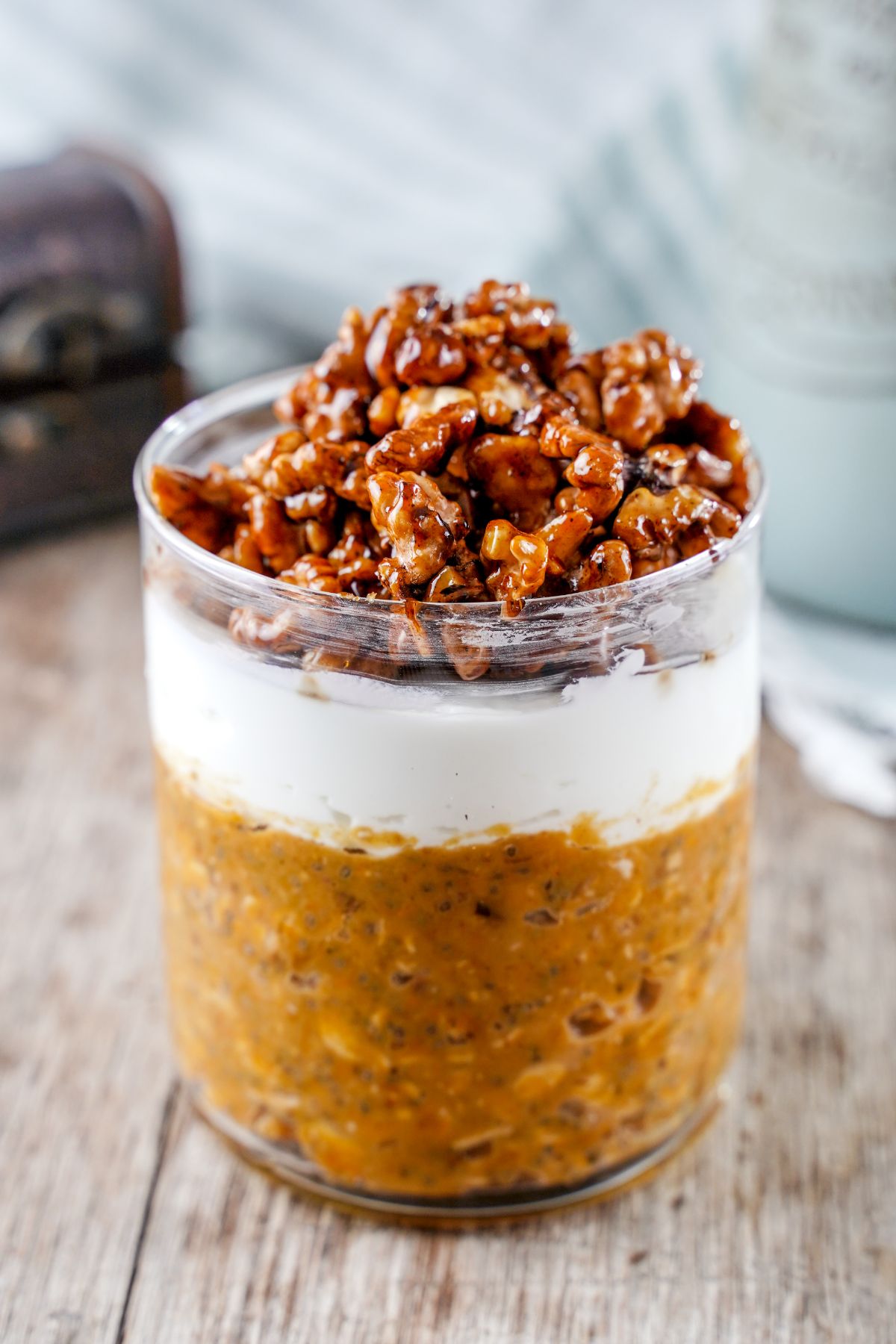 Zoom in side view image of Pumpkin Pie Overnight Oats in a glass 