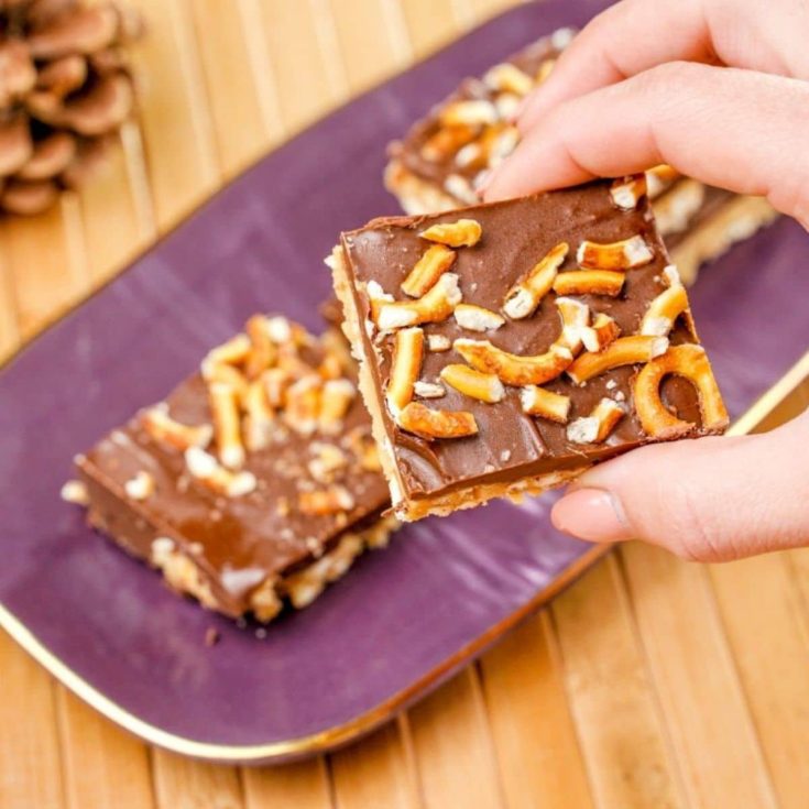 Recipe Card of No Bake Pretzel Peanut Butter Chocolate Bars