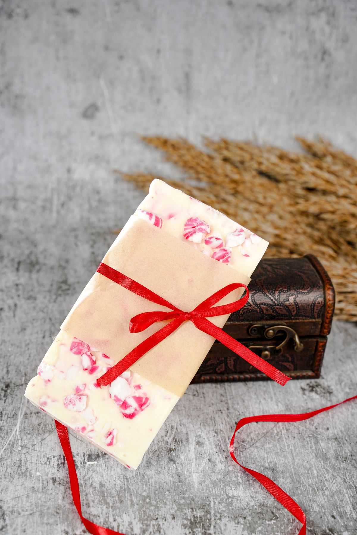 2 Ingredient Peppermint Bark kept on a wooden box