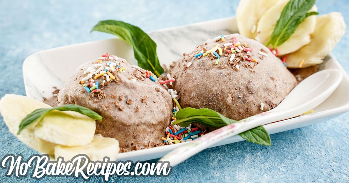 two scoops of chocolate banana ice cream in a bowl with a spoon and fruit