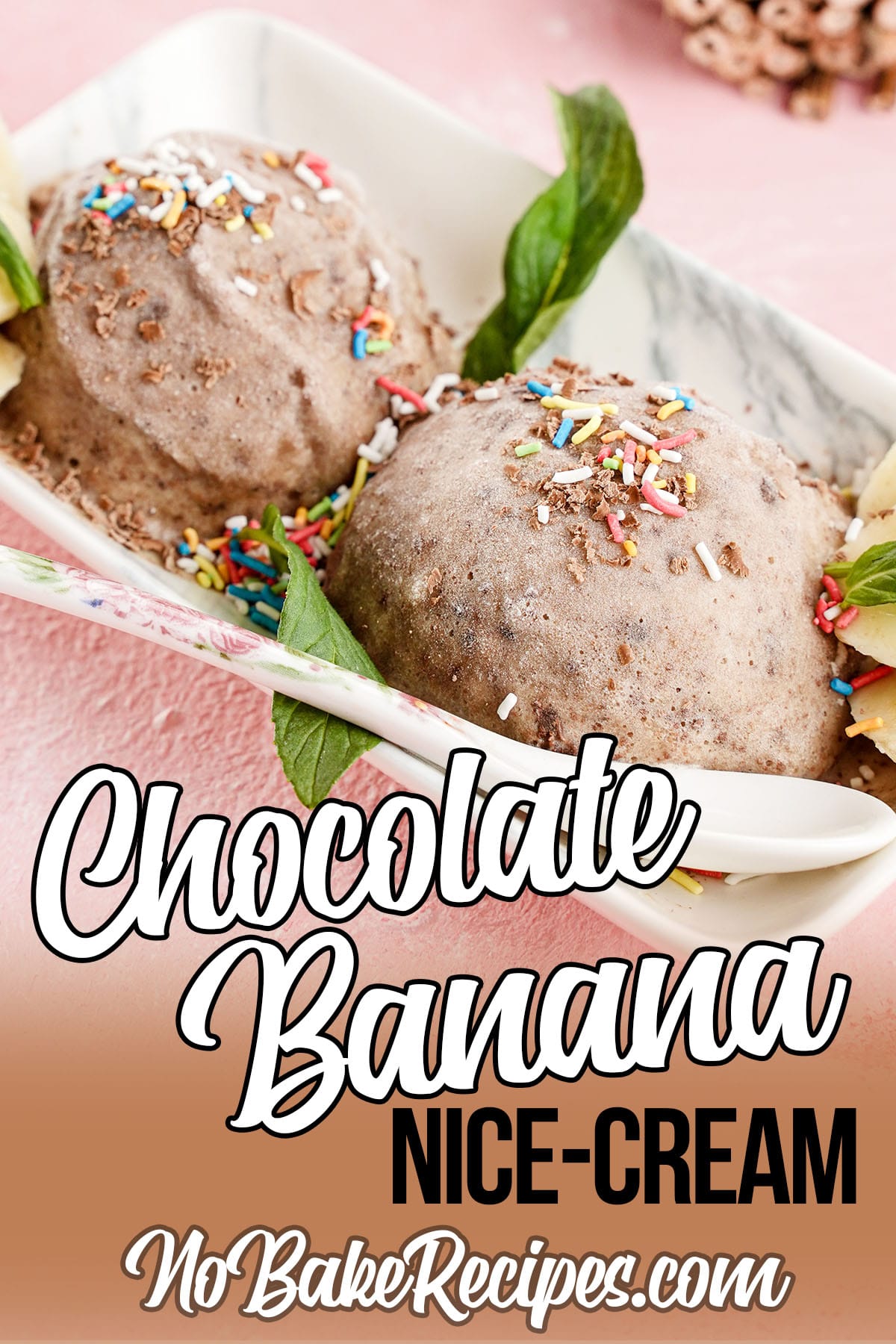 two scoops of banana chocolate nice cream in a bowl with text which reads chocolate banana nice-cream