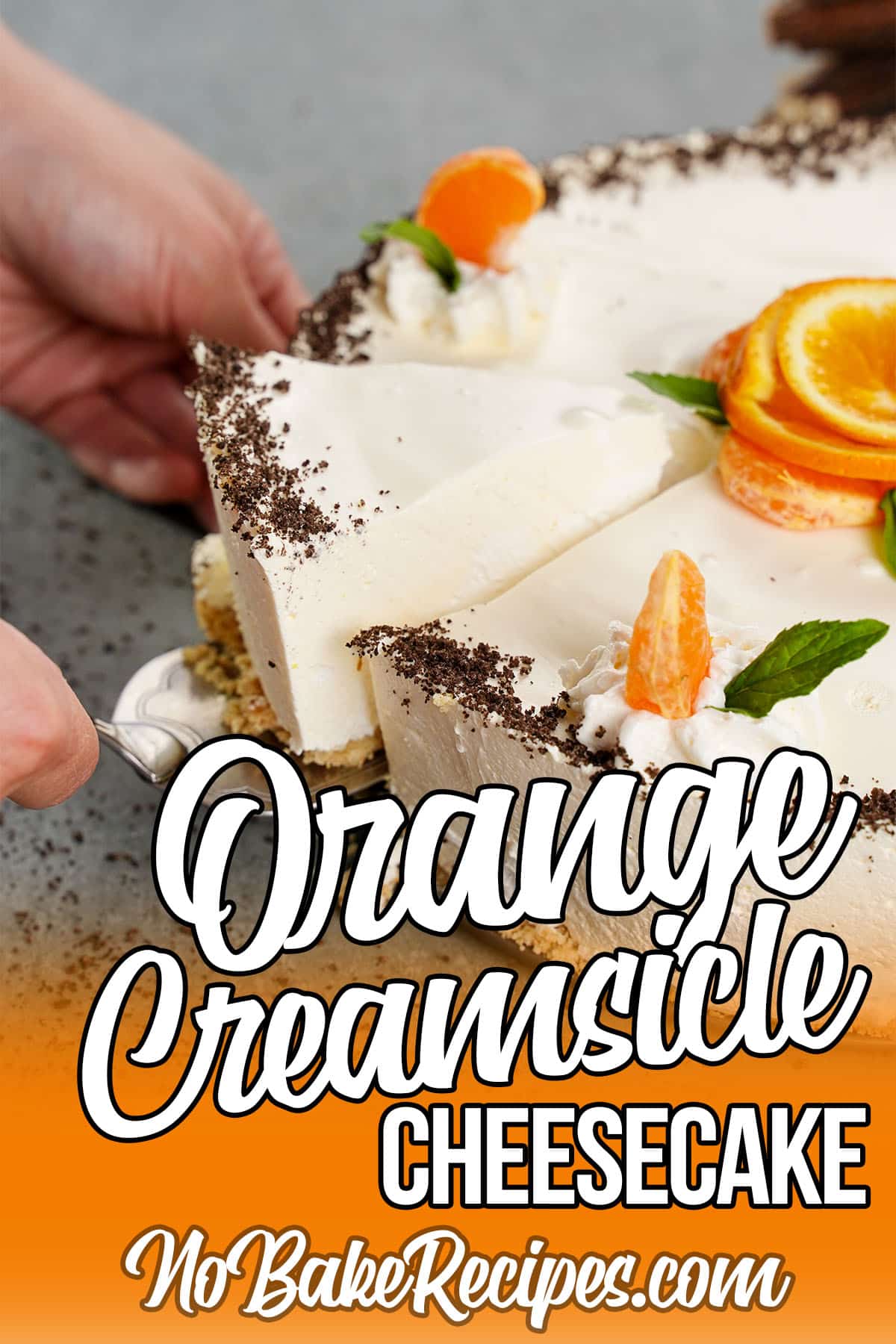 no bake orange cheesecake with text which reads Orange Creamsicle Cheesecake
