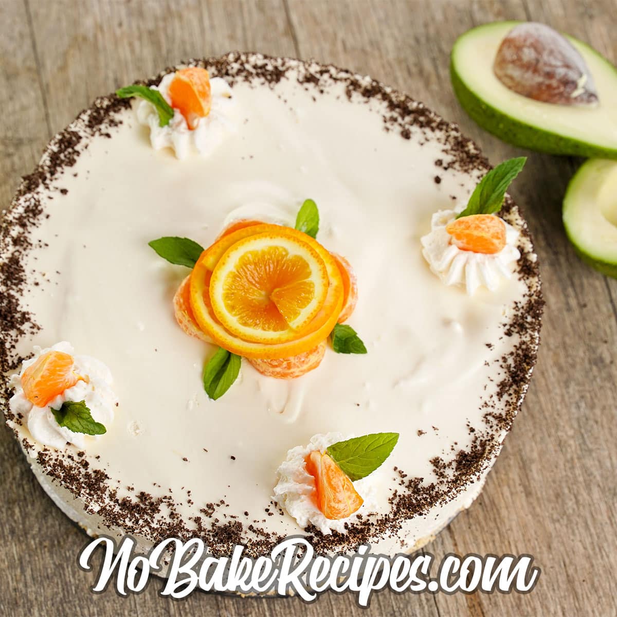 overhead view of no-bake cheesecake with orange flavor
