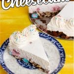 no-bake cheesecake slice on a plate with text which reads Rocky Road Cheesecake