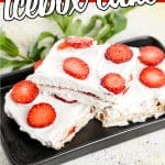 several pieces of strawberry no-bake cake with text which reads Strawberry Icebox Cake