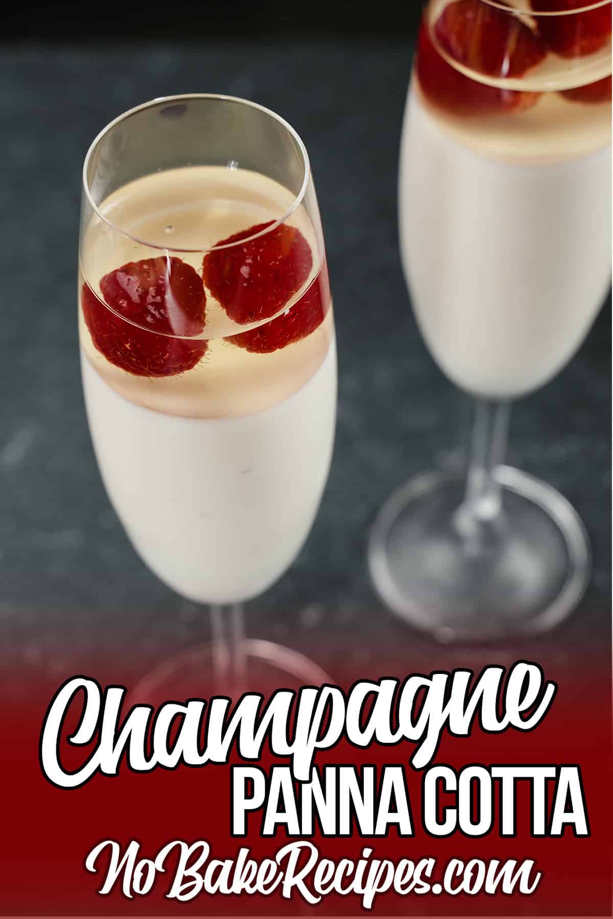 overhead view of glasses filled with champagne flavored panna cotta with text which reads champagne panna cotta