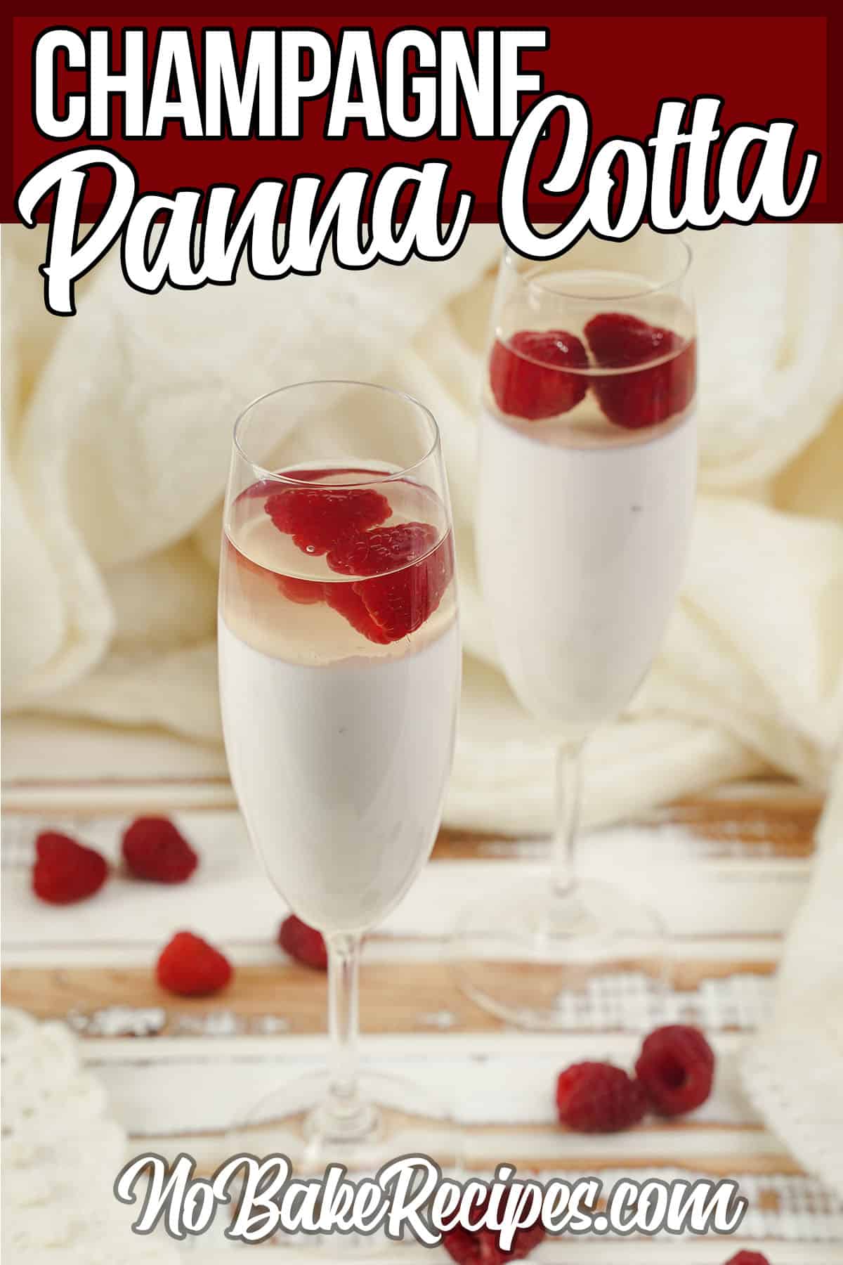 champagne glasses filled with panna cotta for valentines with text which reads champagne panna cotta