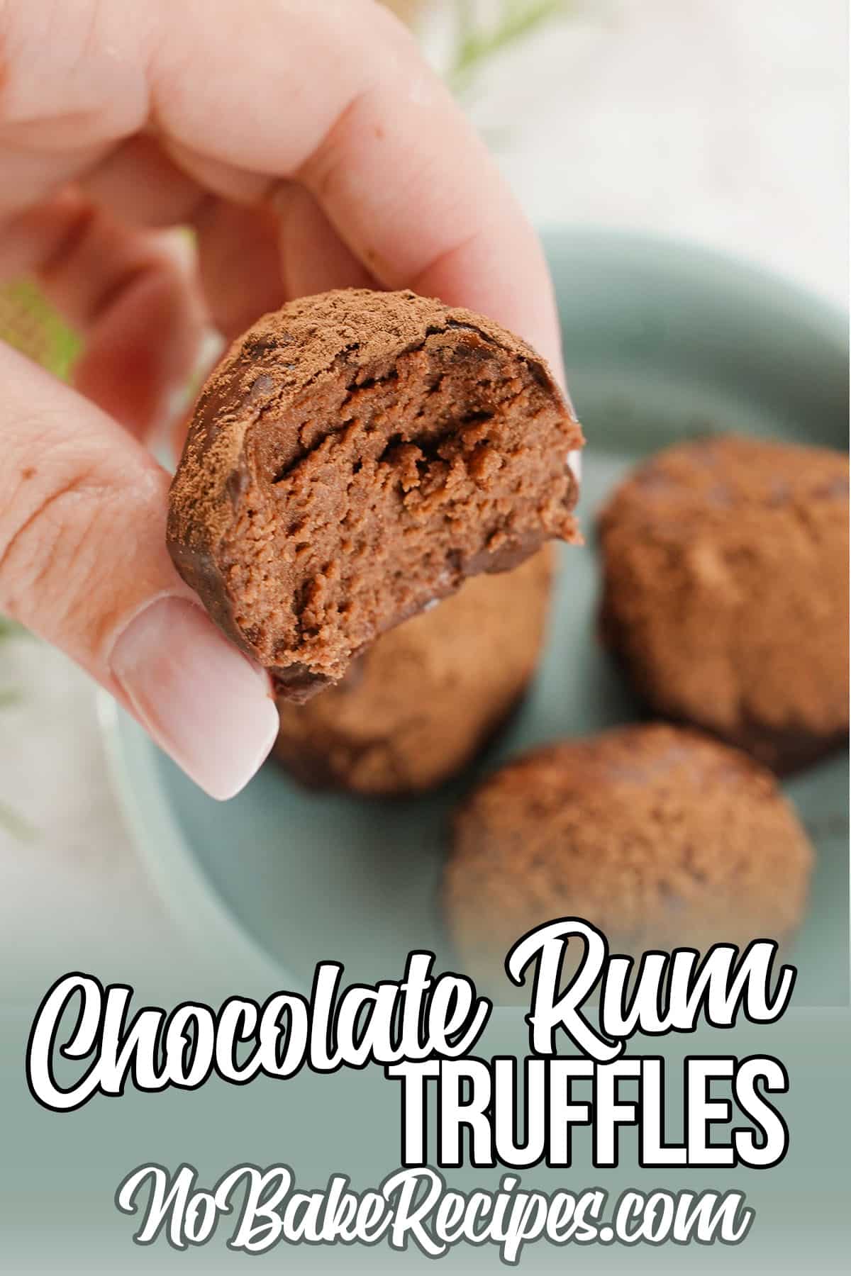 rum ball bitten in half held in between two fingers with text which reads chocolate rum truffles