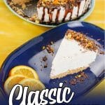 single slice of no-bake cheesecake on a plate with text which reads classic cheesecake