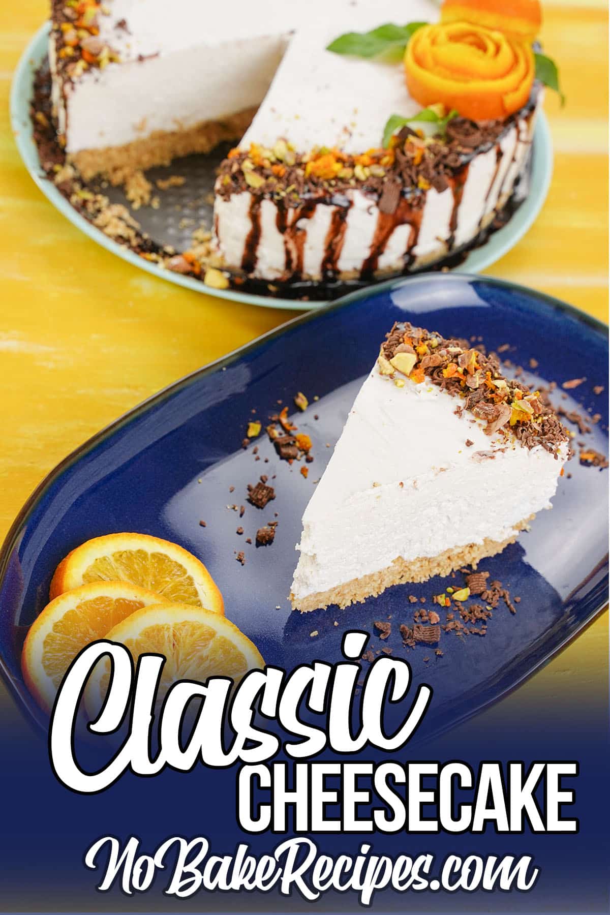 single slice of no-bake cheesecake on a plate with text which reads classic cheesecake