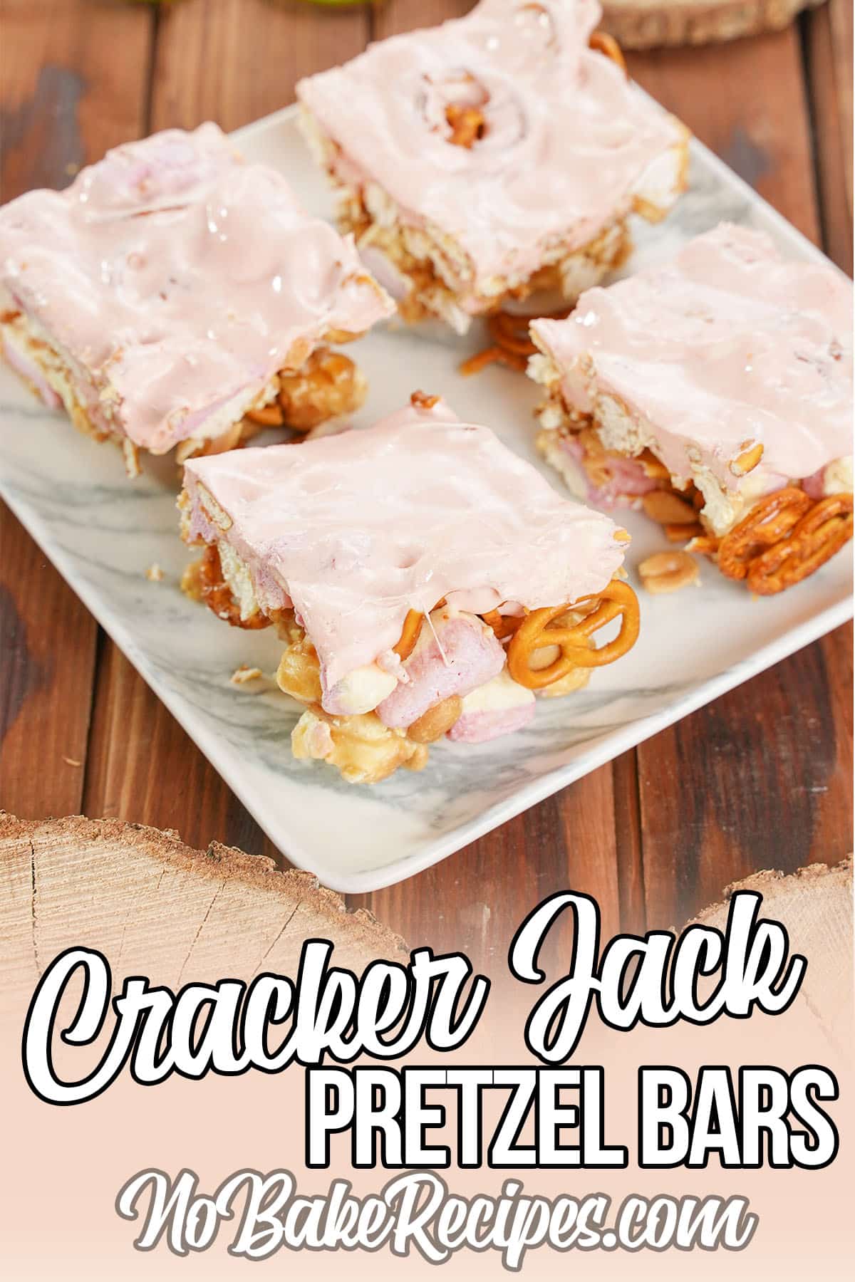 easy no-bake dessert made with peanuts and marshmallow with text which reads cracker jack pretzel bars