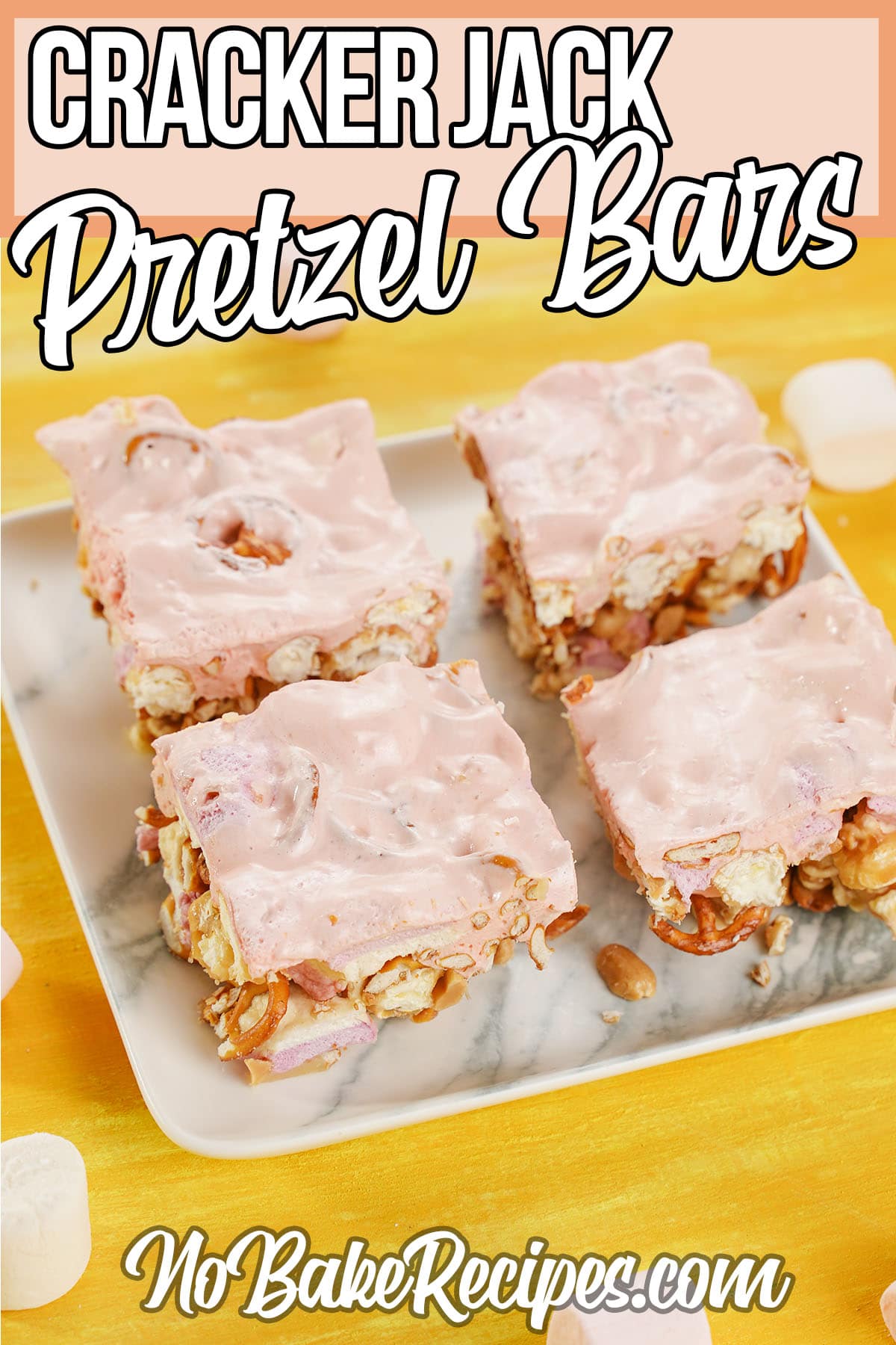 peanut and popcorn candy bar recipe with text which reads cracker jack pretzel bars