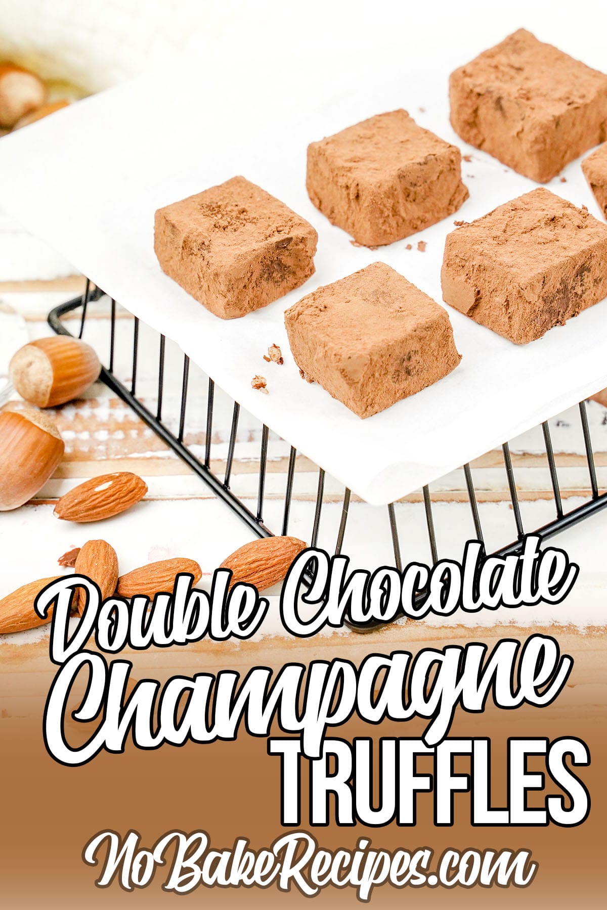 plate of truffles made with chocolate and champagne with text which reads double chocolate champagne truffles 
