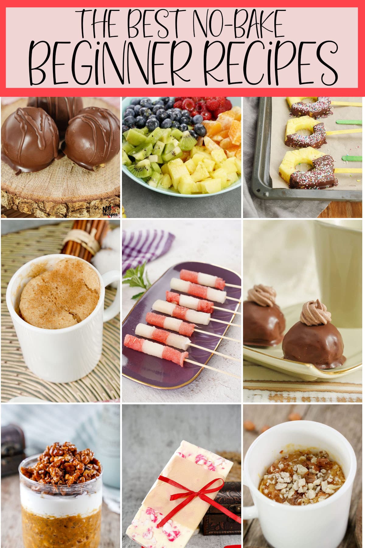 photo collage of easy no bake recipes for beginners with text which reads the best no-bake beginner recipes