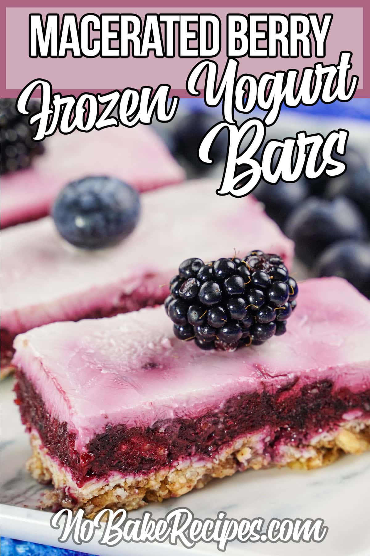 closeup of layered berry and yogurt breakfast bars with text which reads macerated berry frozen yogurt bars