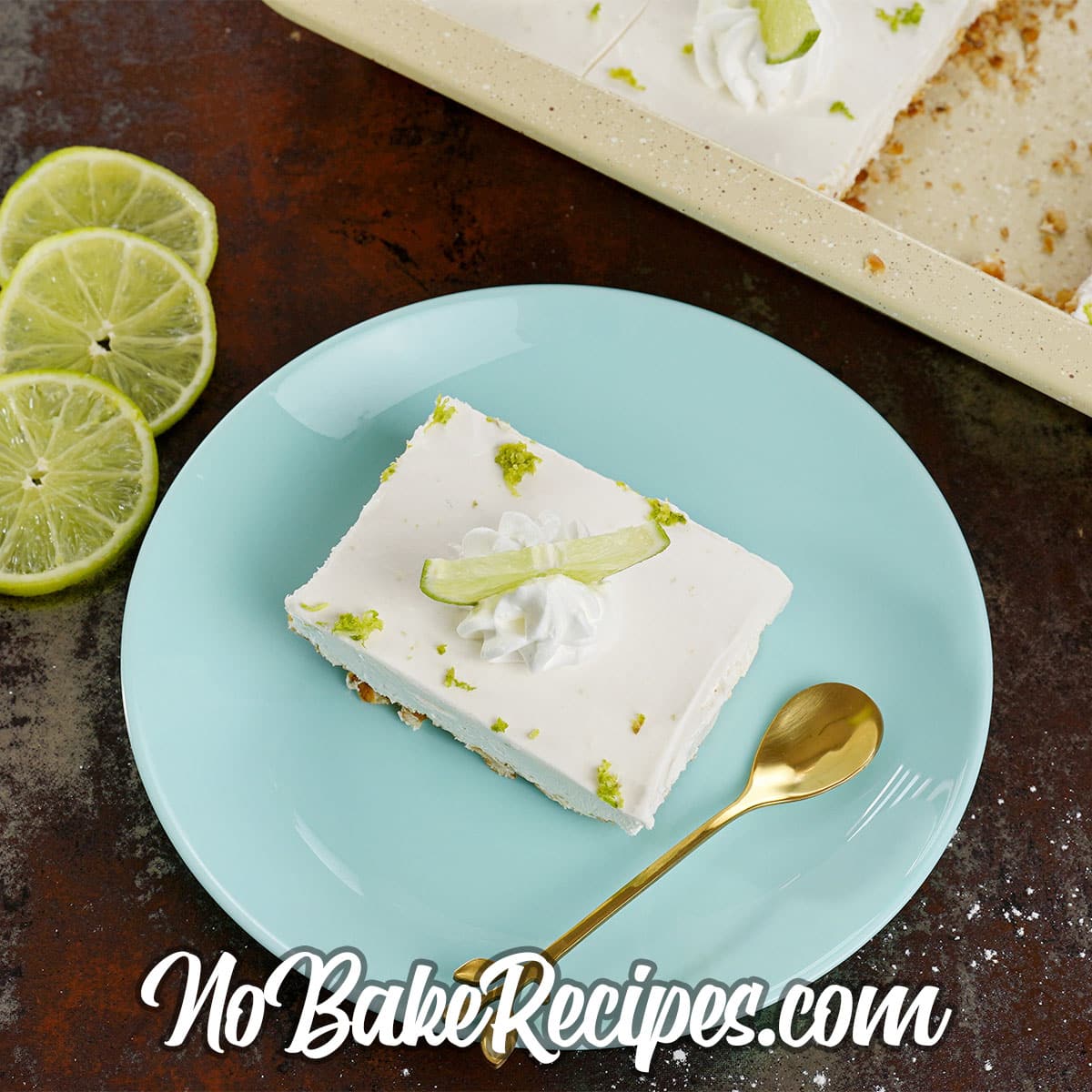 overhead view of a slice of margarita cheesecake bars no bake dessert on a plate