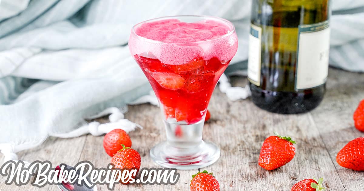 glass of strawberry champagne jello no-bake dessert recipe