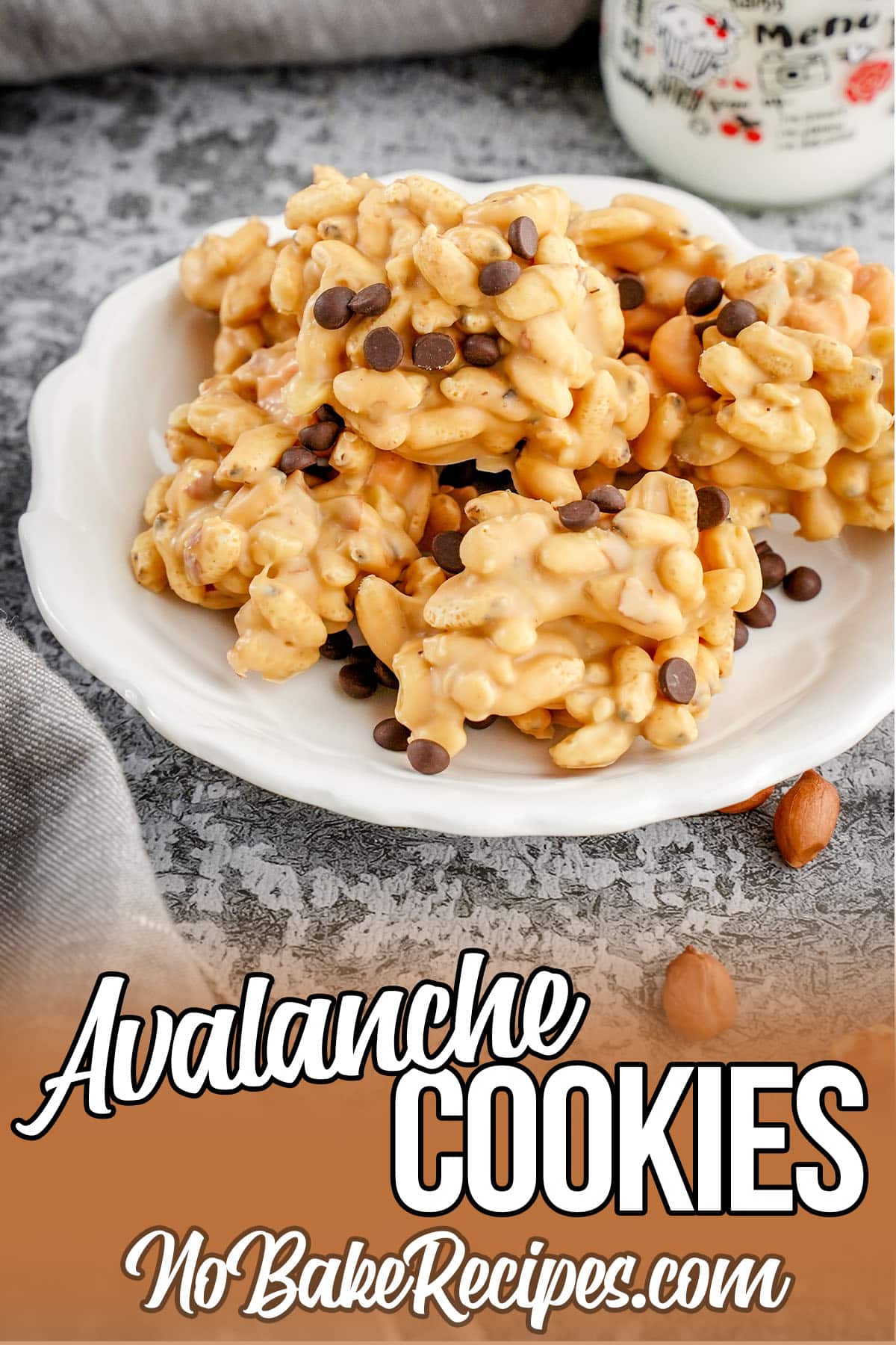 plate of homemade no-bake cookies with text which reads Avalanche Cookies