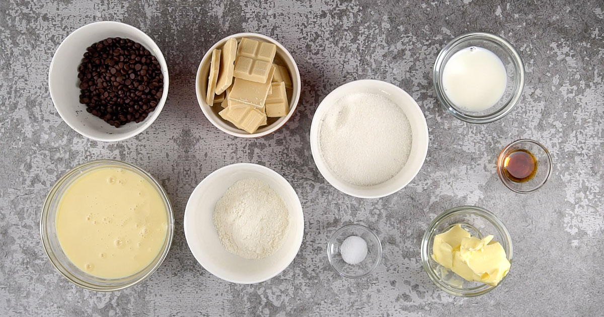 ingredients arranged in bowls to make Cookie Dough Fudge