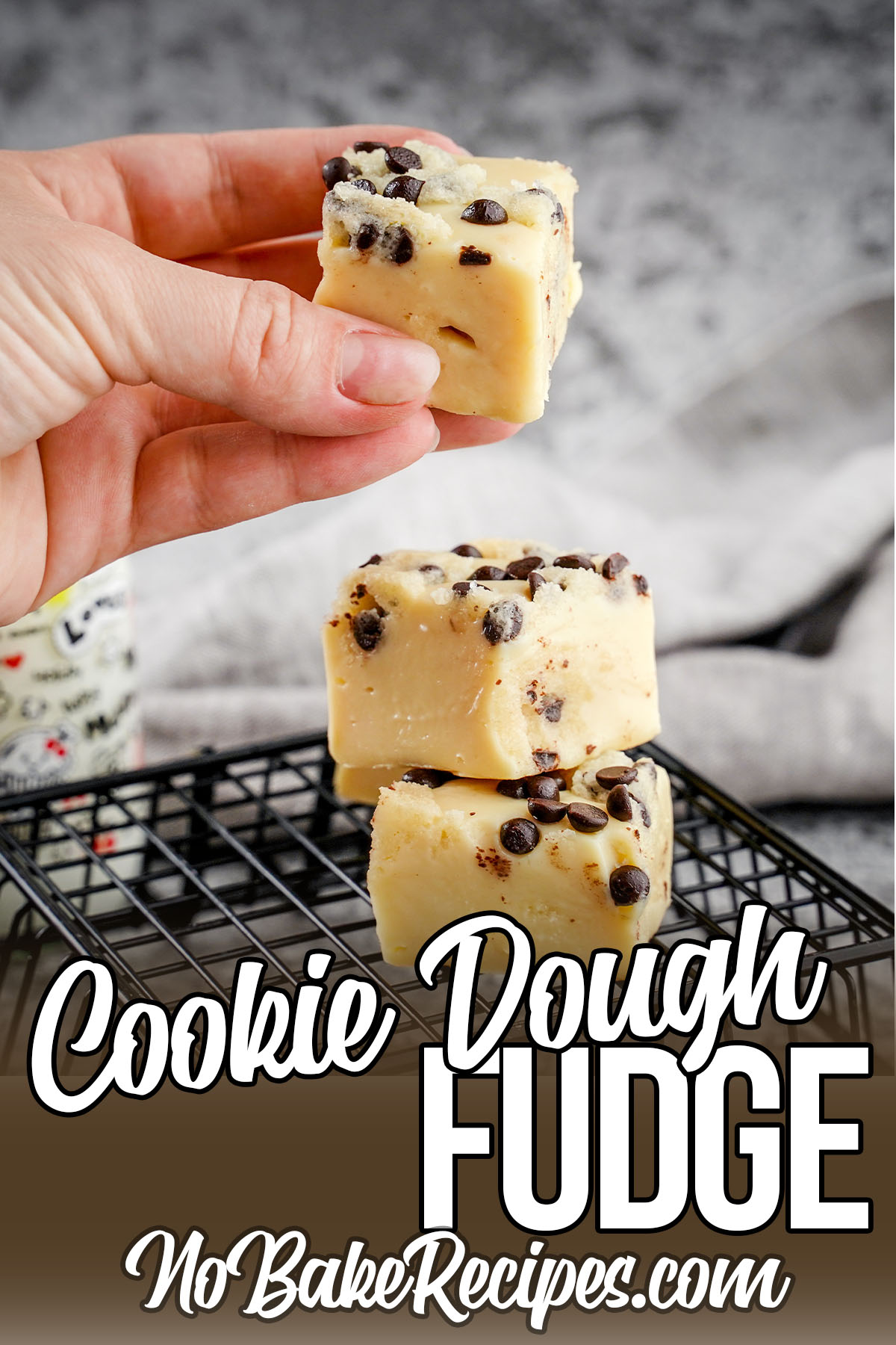 fudge with cookie dough in it with text which reads Cookie Dough Fudge 