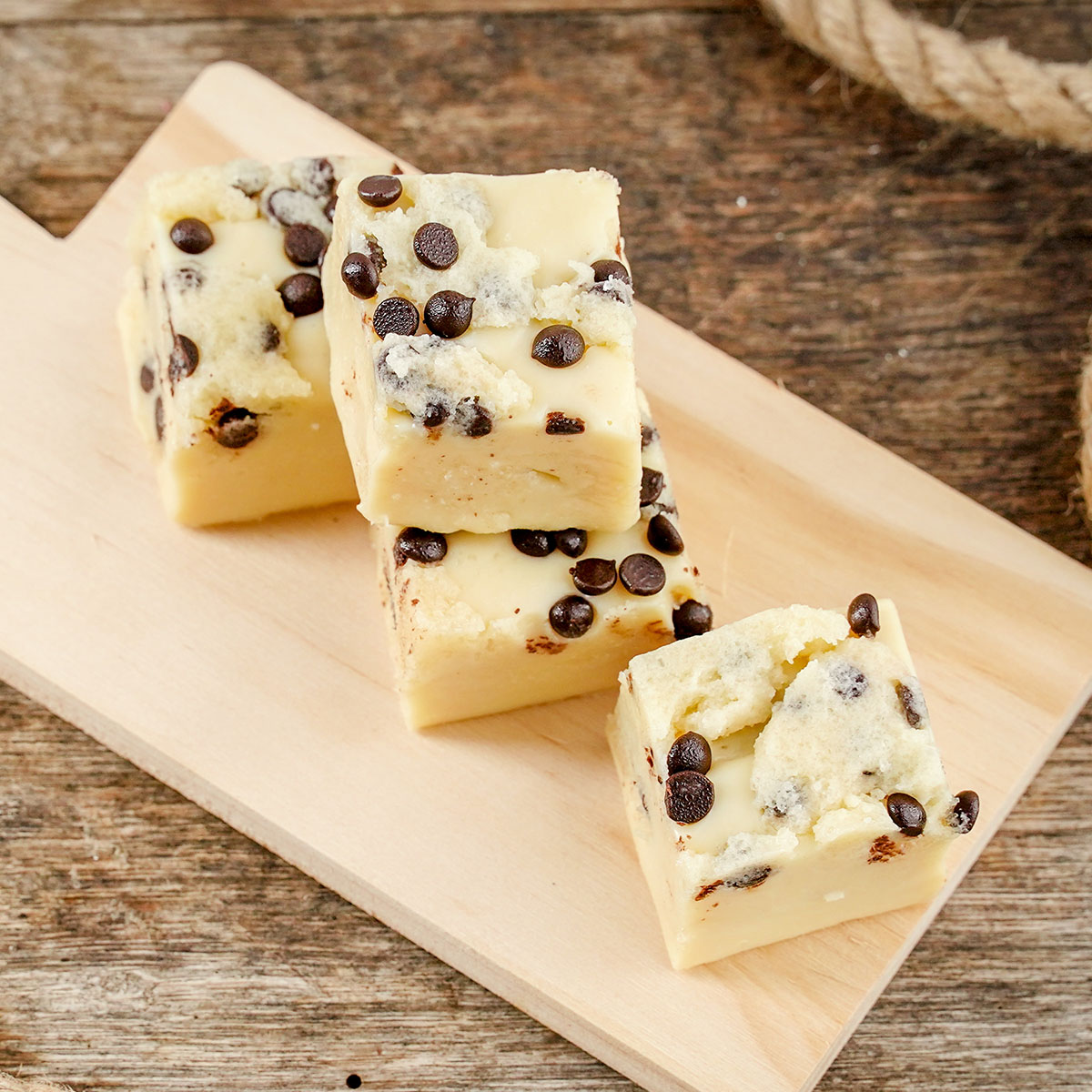 overhead view of squares of Cookie Dough Fudge