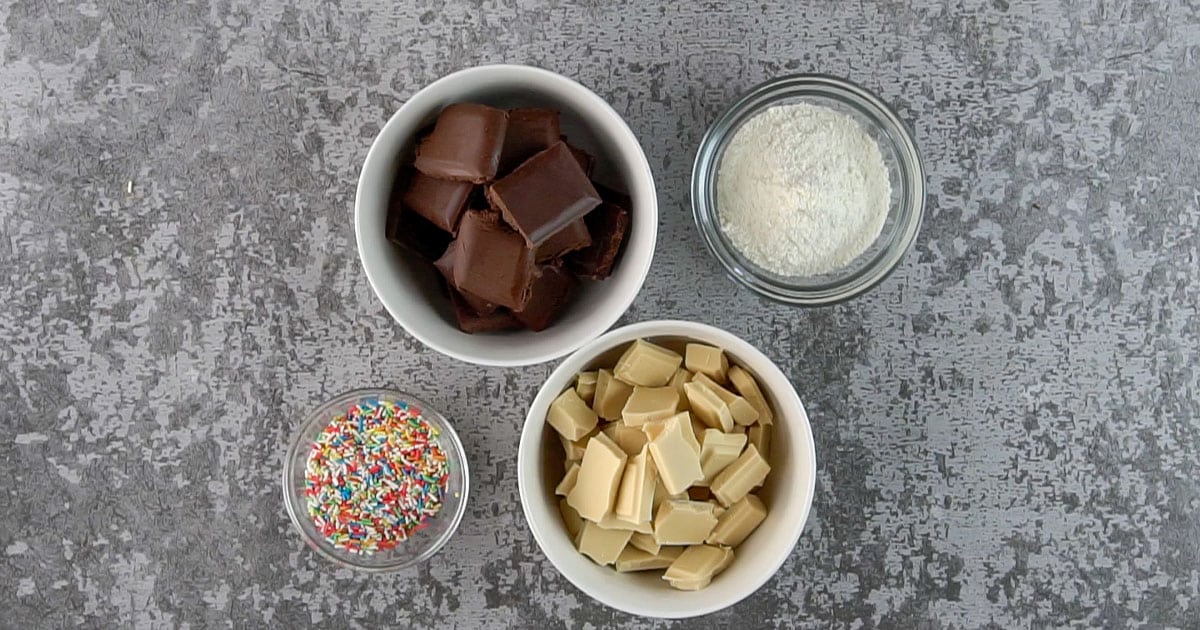 ingredients in bowls to make Funfetti Bark