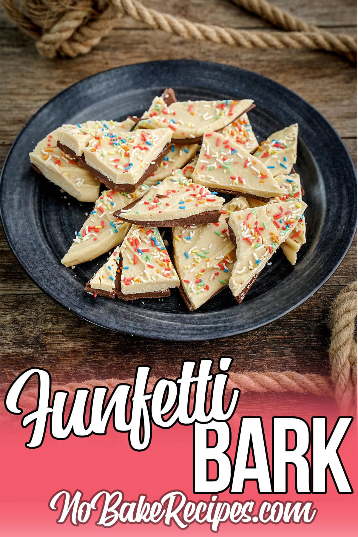 plate of birthday cake bark with text which reads Funfetti Bark