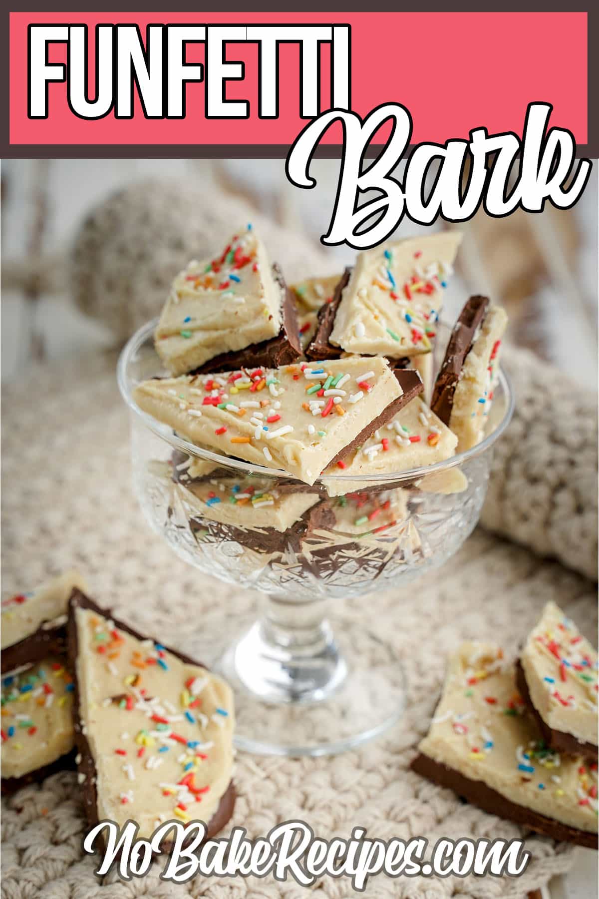 birthday cake bark in a bowl with text which reads Funfetti Bark