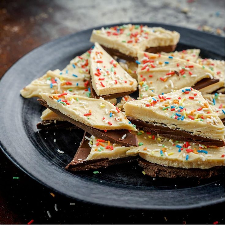 side view of plate full of Funfetti Bark