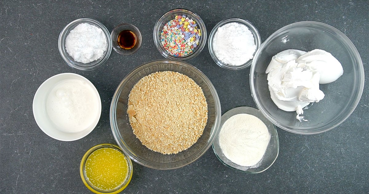 ingredients in bowls to make Funfetti Cheesecake