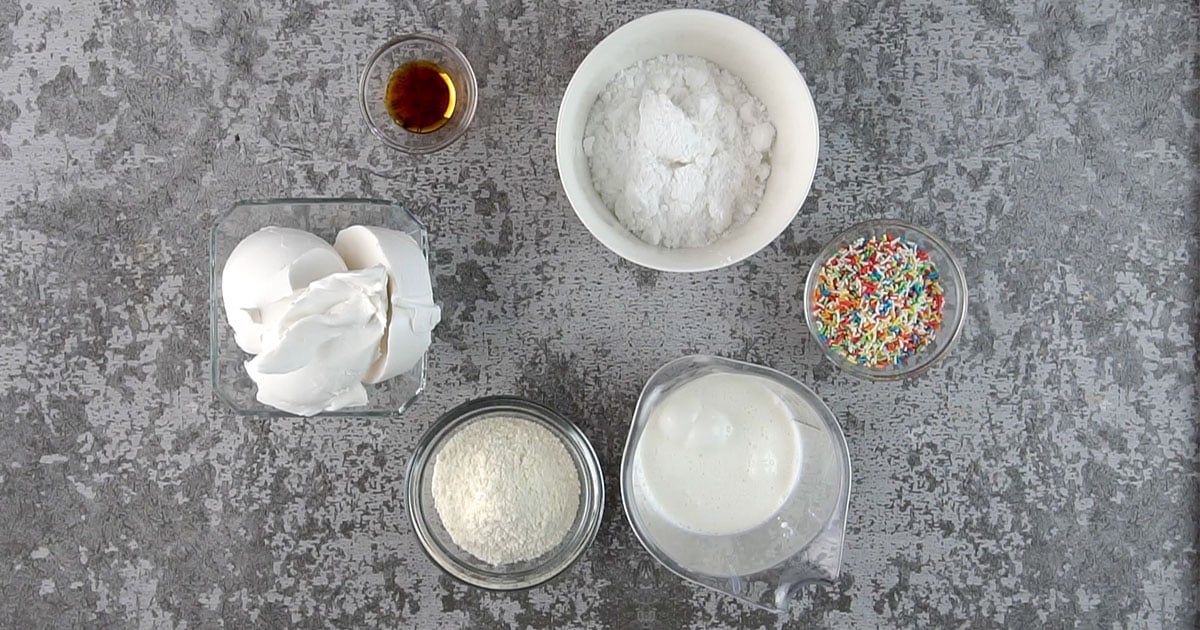 bowls of ingredients to make Funfetti Cheesecake Pops