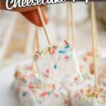 single birthday cake cheesecake pop being held up with text which reads Funfetti Cheesecake Pops